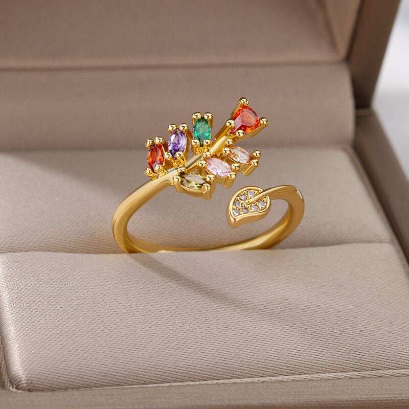 GOLD PLATED RING WITH MULTICOLOURED ZIRCONIA FLOWER