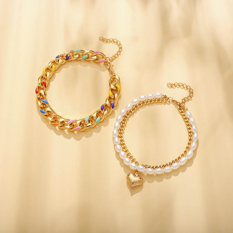 Pearl Heart Charm Cuban Chain Anklet Set