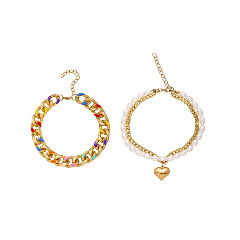 Pearl Heart Charm Cuban Chain Anklet Set