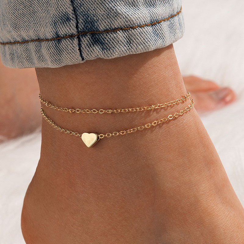 Simple Heart Charm Layered Anklet