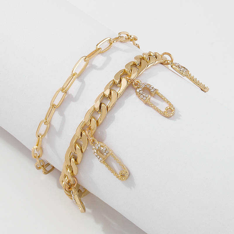 Iced Safe Pin Charms Paper Clip Chain Cuban Chain Anklet Set