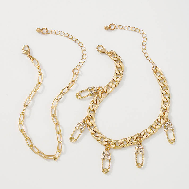 Iced Safe Pin Charms Paper Clip Chain Cuban Chain Anklet Set