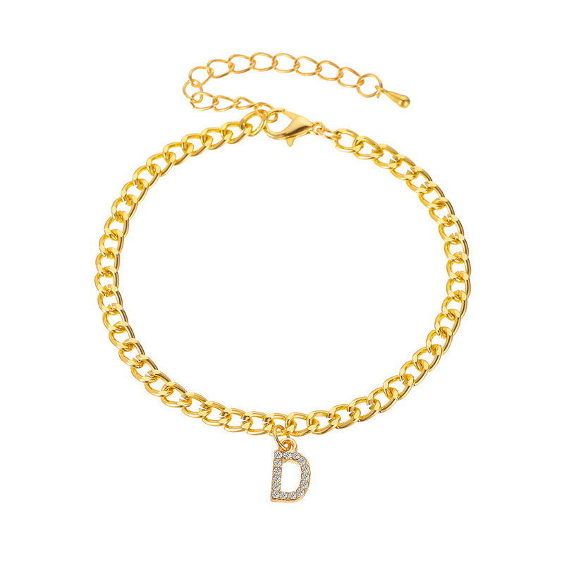 Iced A-Z Initial Letter Charm Gold Plated Cuban Chain Anklet