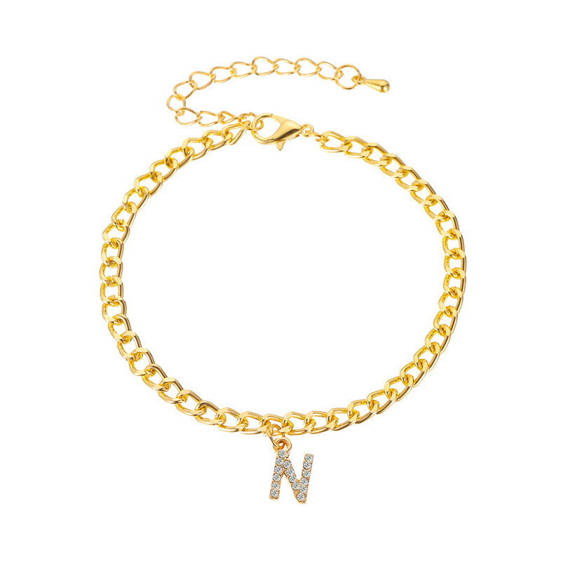 Iced A-Z Initial Letter Charm Gold Plated Cuban Chain Anklet
