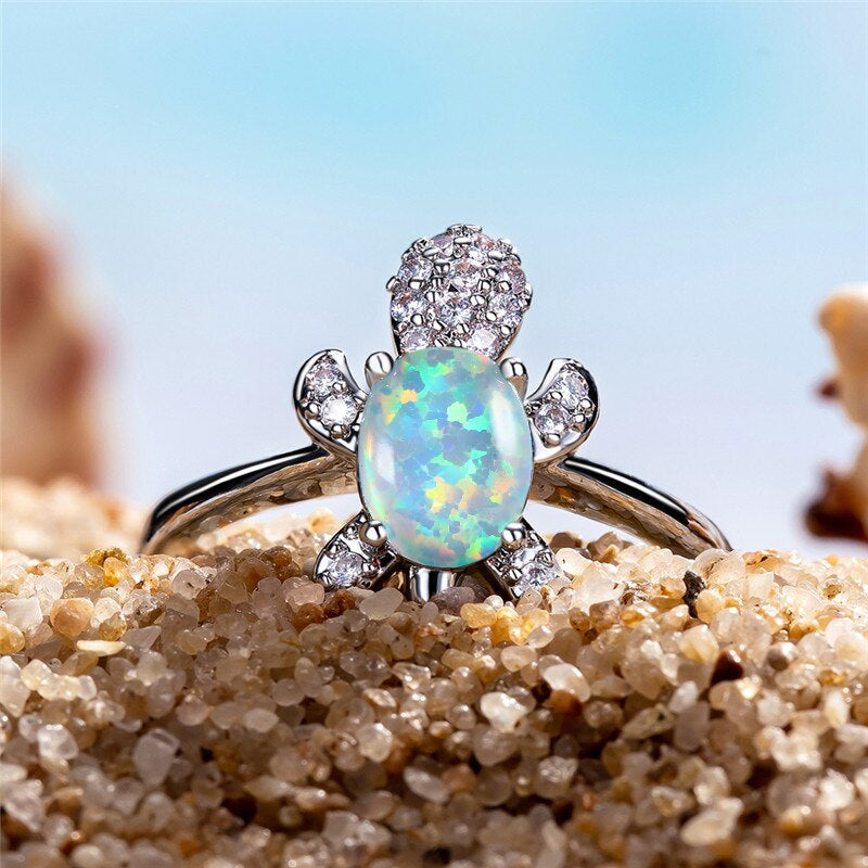 Adjustable 925 Silver Ring with Opal in Turtle Shape
