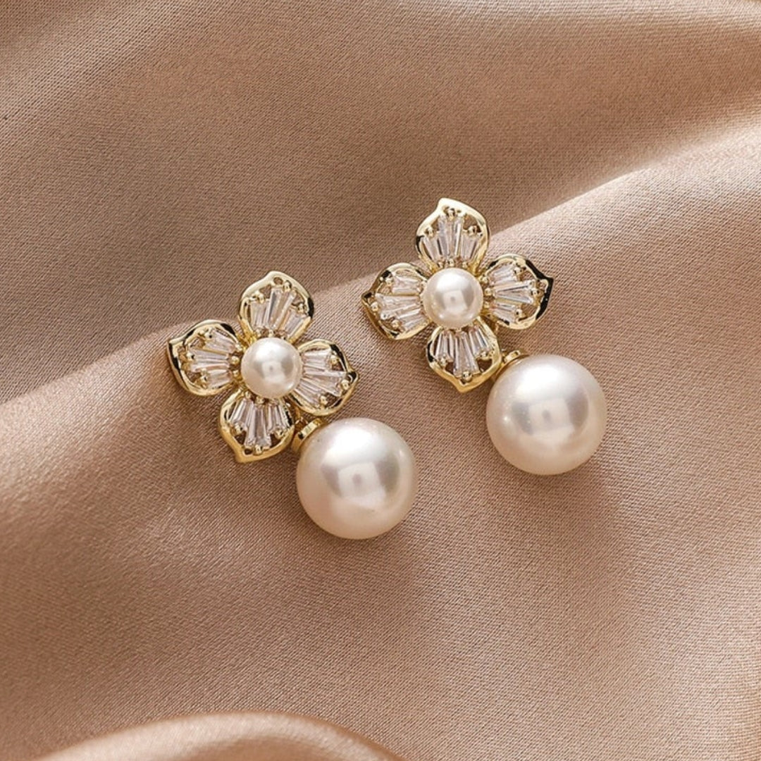 Crystal Flower Earrings with Pearls
