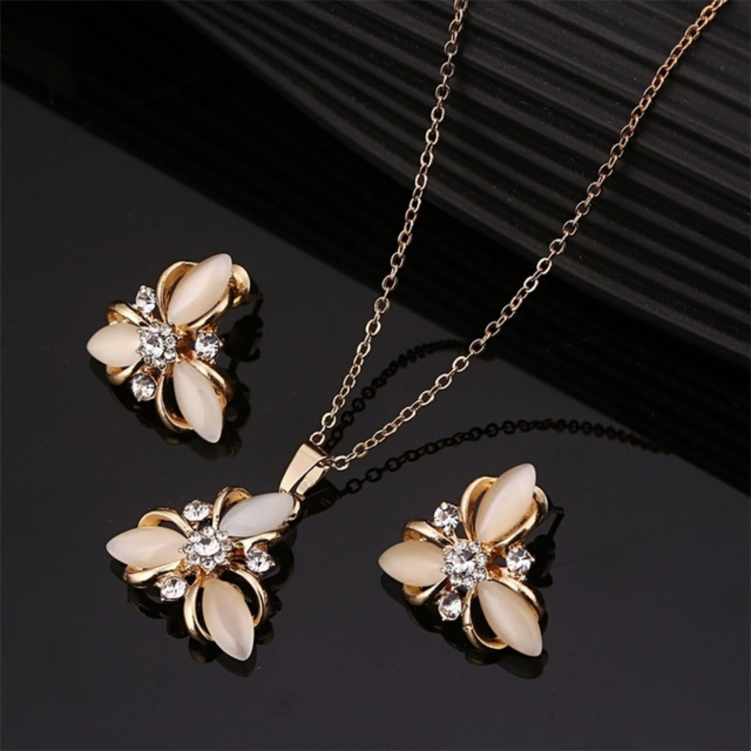 Opal and Zirconia Floral Necklace + Set in Gold