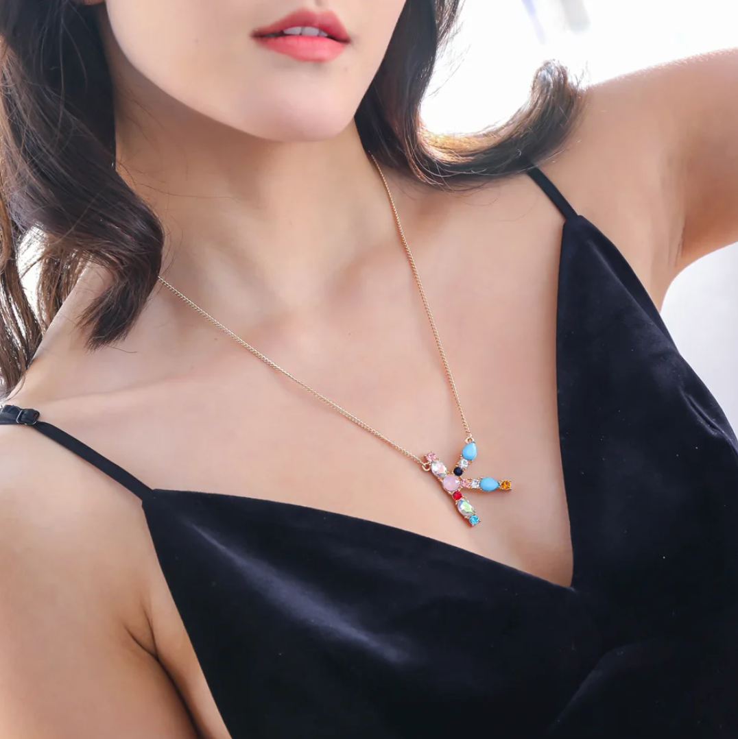 Necklace with Initials and Gemstones in 18K Gold Plating