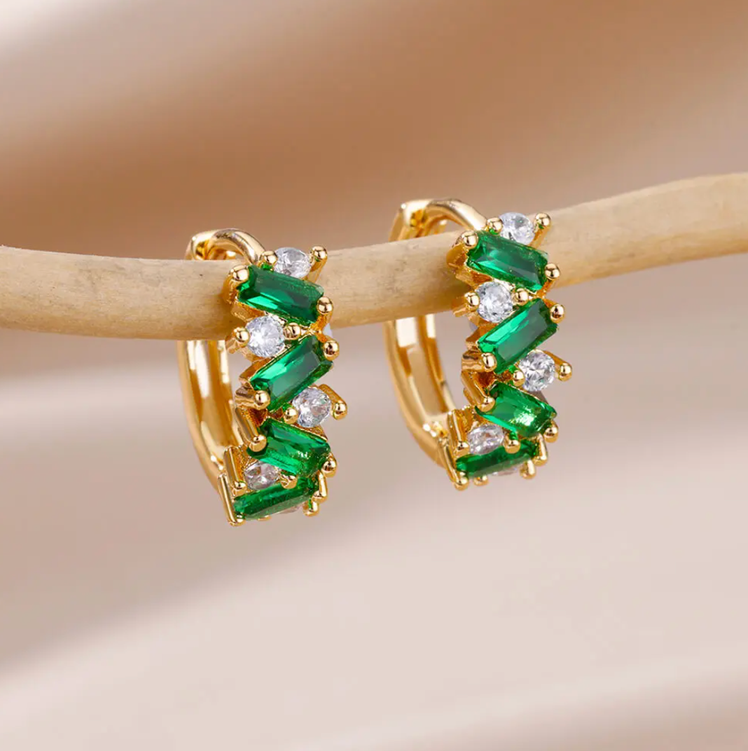 Green Hoop Earrings with Space Crystals in 18K Gold Plating