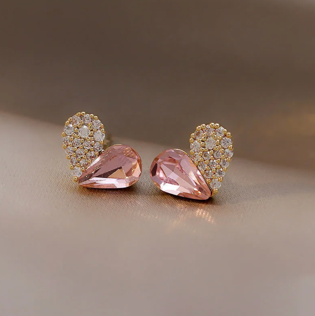 Heart Button Earrings - Half Pink Crystal and Half Zirconia in 18K Gold Plating