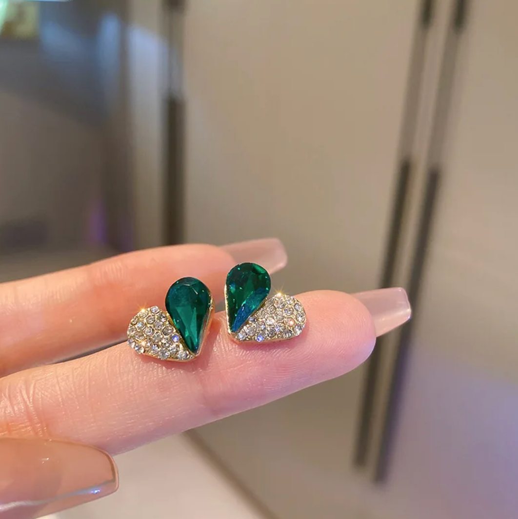 Heart Button Earrings - Half Green Crystal and Half Zirconia in 18K Gold Plating