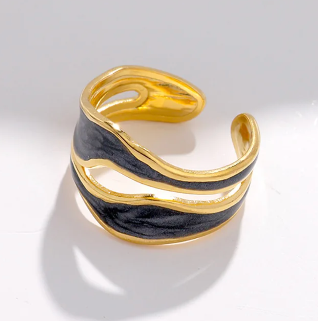 Ancient Black Ceramic Ring in 18K Gold Plating