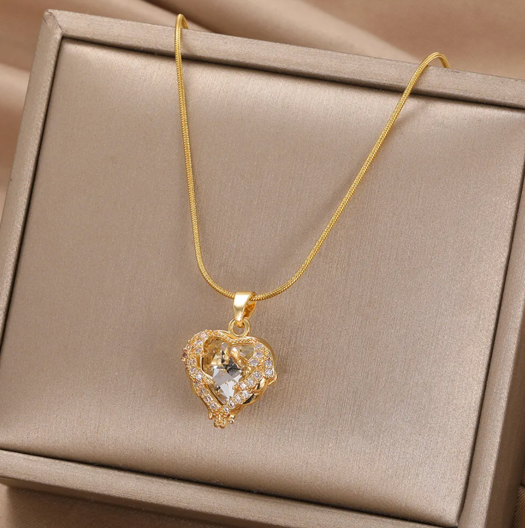 18K Gold Plated Necklace with White Heart and Strass
