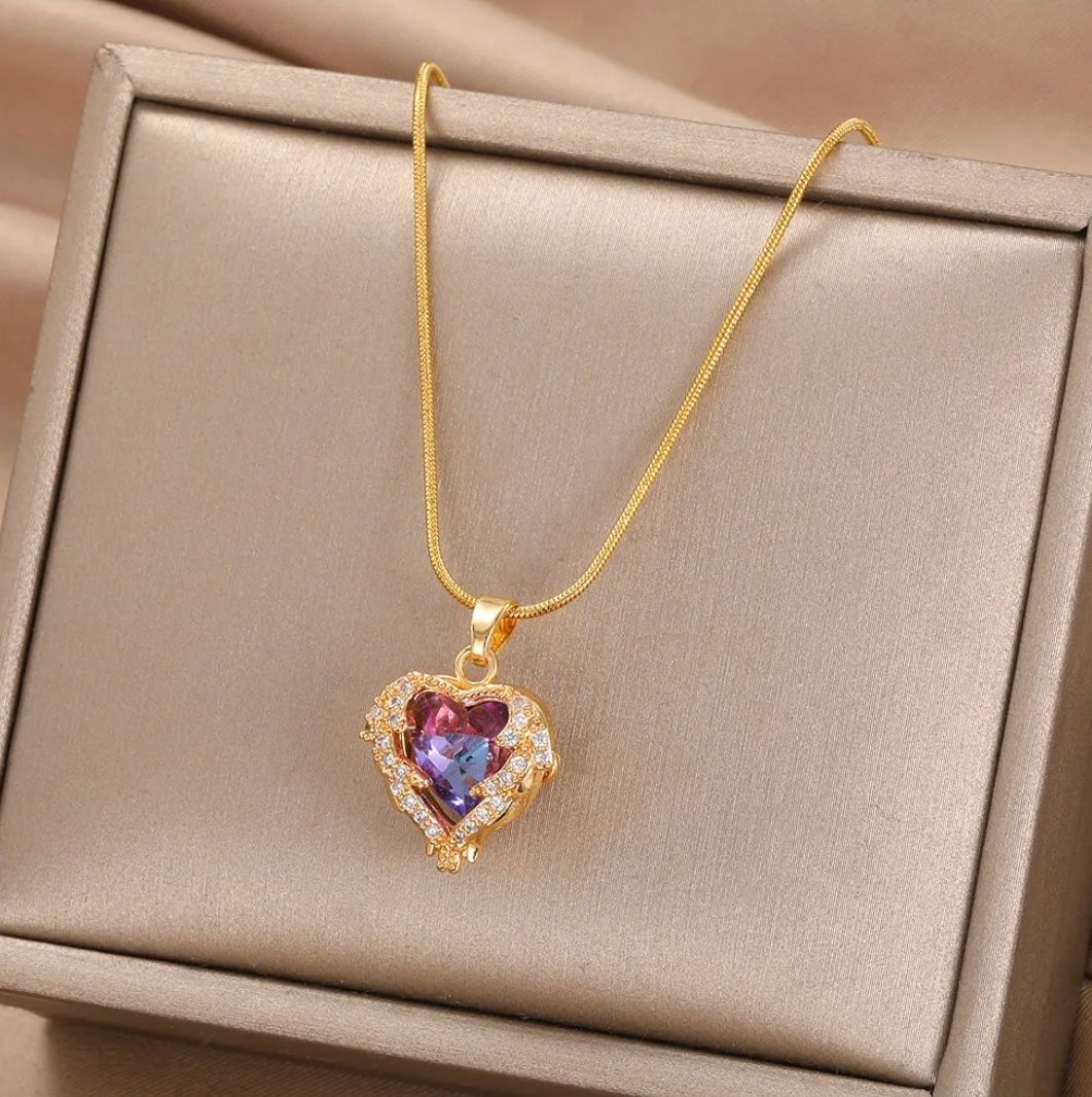 18K Gold Plated Necklace with Violet Heart and Strass
