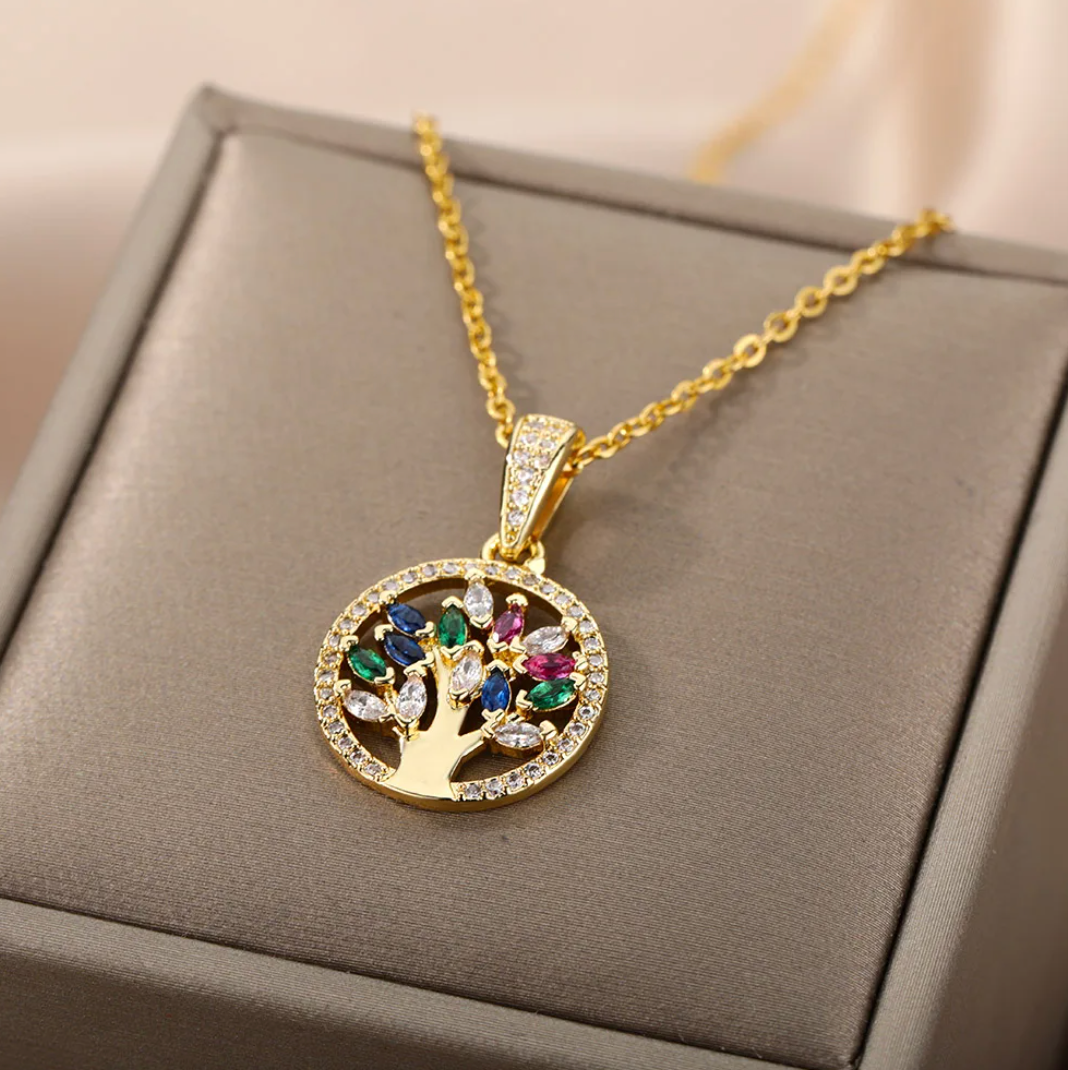 18K Gold Plated Necklace with Tree of Life and Coloured Zirconia