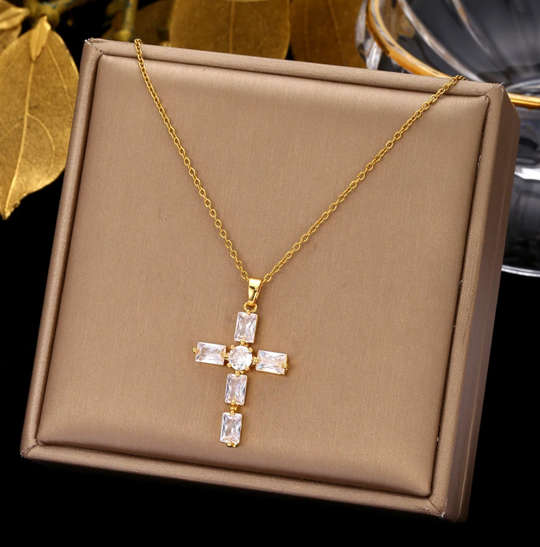 18K Gold Plated Necklace with White Crystal Cross