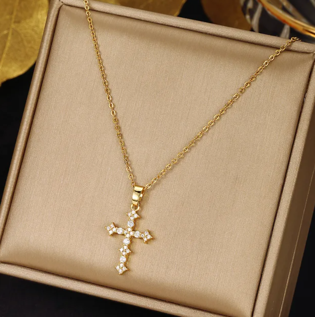 18K Gold Plated Necklace with Small Diamond-Shaped Cross
