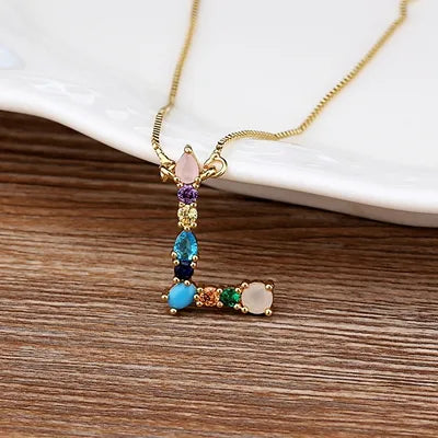 Necklace with Initials and Gemstones in 18K Gold Plating