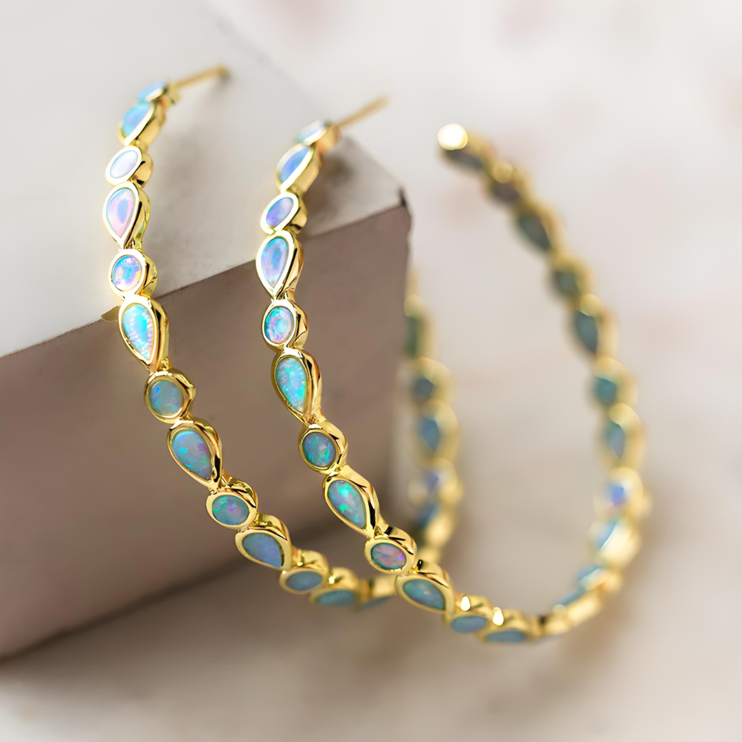 VINTAGE BLUE AND OPAL GOLDEN HOOP EARRINGS