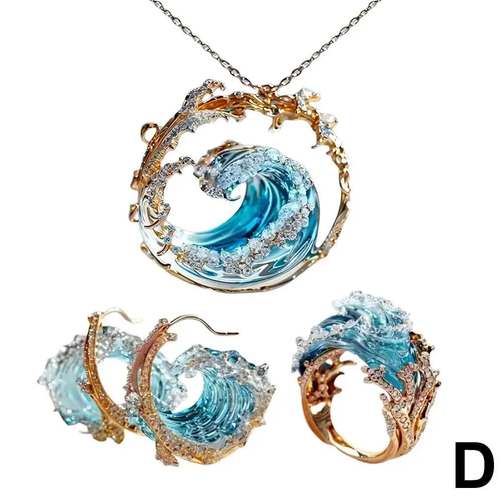 Ocean Oath Necklace, Earrings, Jewelry Set – Adjustable Sea Wave Necklace, Rings, Earrings, Summer Ocean-Themed Jewelry Bundle