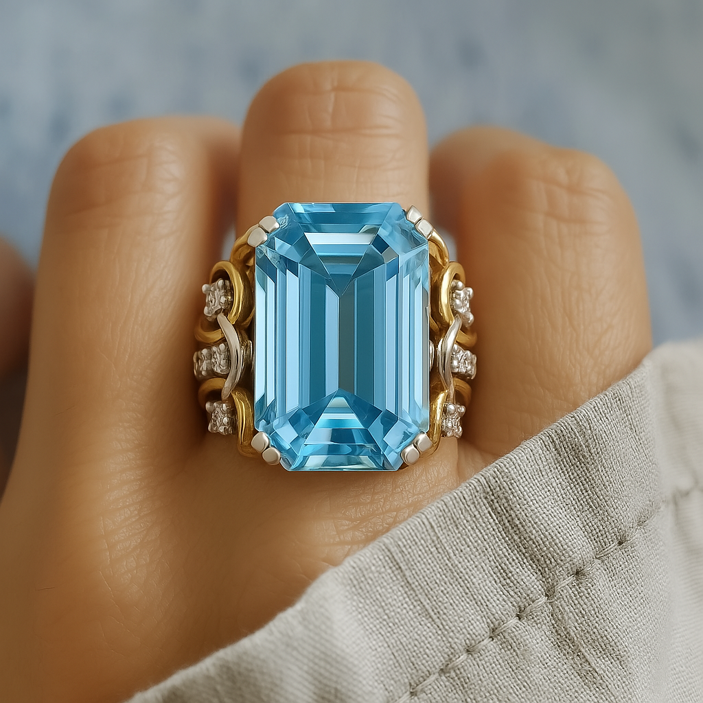 VINTAGE BLUE ZIRCONIA LAYERED GOLD RING