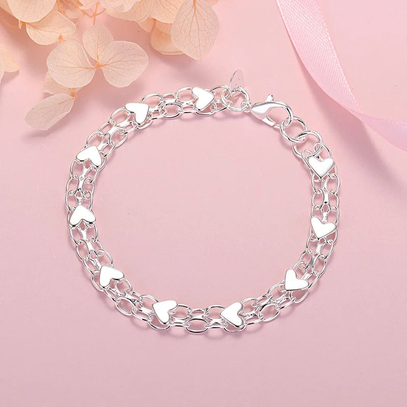 925 Silver Bracelet with Chain and Hearts