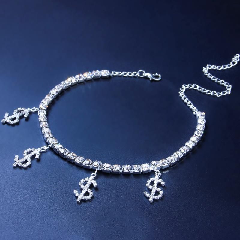 Tennis Chain Dollar Sign Pendant Anklet