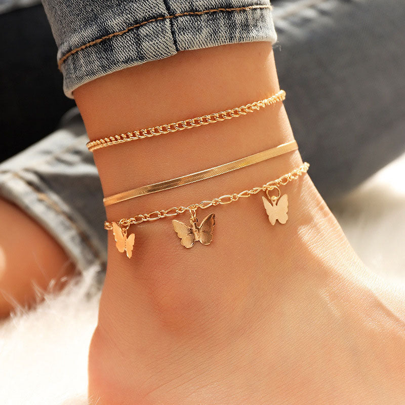 Butterfly Charm Snake Chain Anklet 3Pcs Set