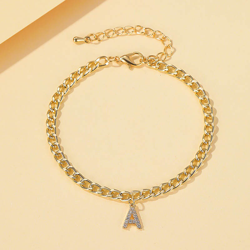 Iced A-Z Initial Letter Charm Gold Plated Cuban Chain Anklet