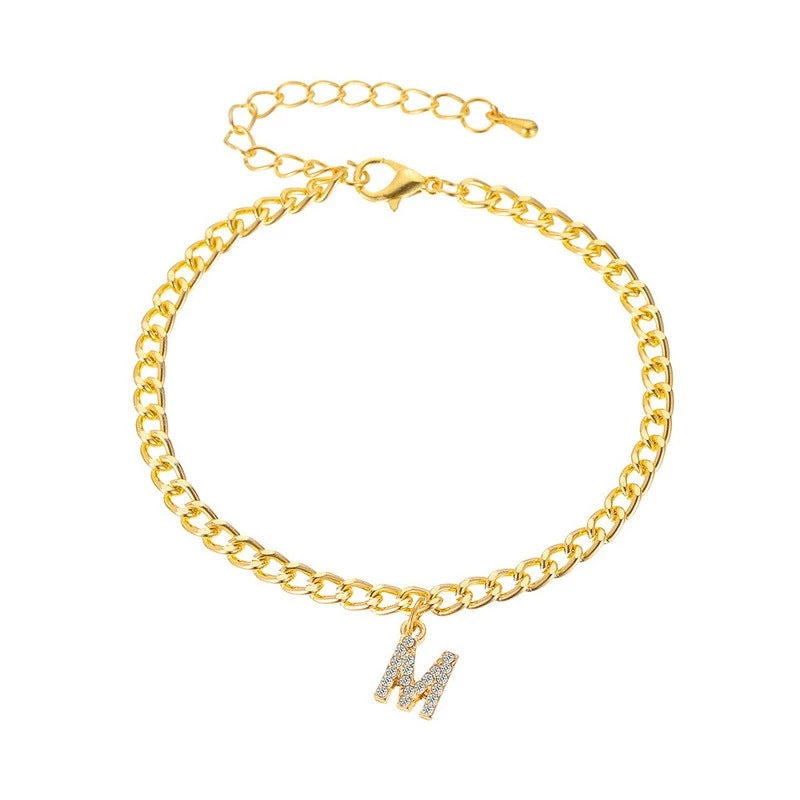 Iced A-Z Initial Letter Charm Gold Plated Cuban Chain Anklet