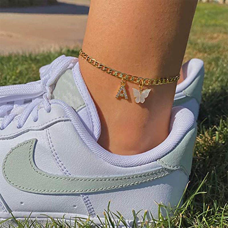 Iced Initial Letter and Butterfly Charms Anklet