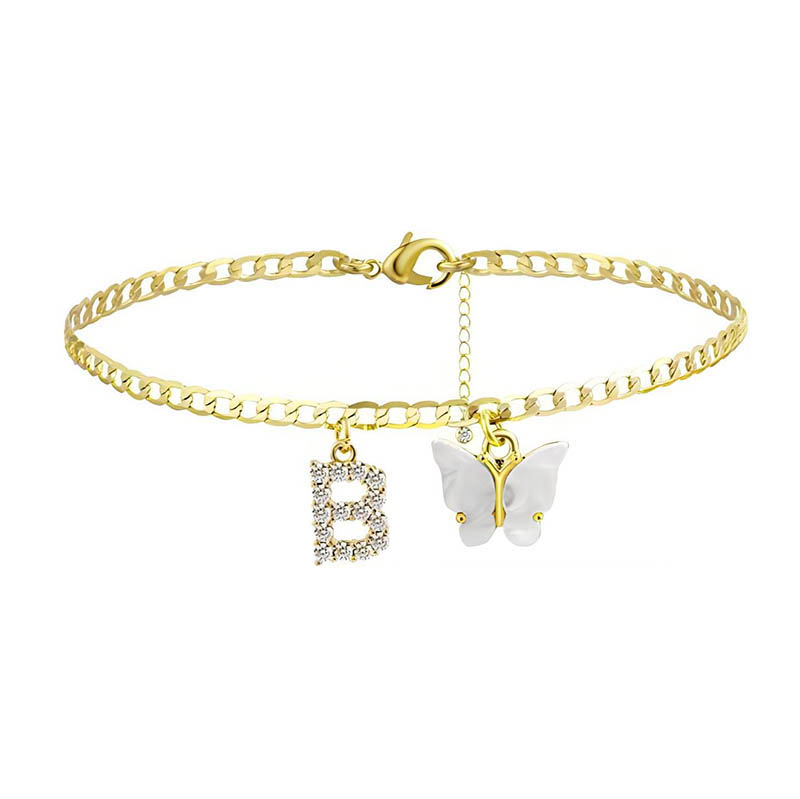 Iced Initial Letter and Butterfly Charms Anklet