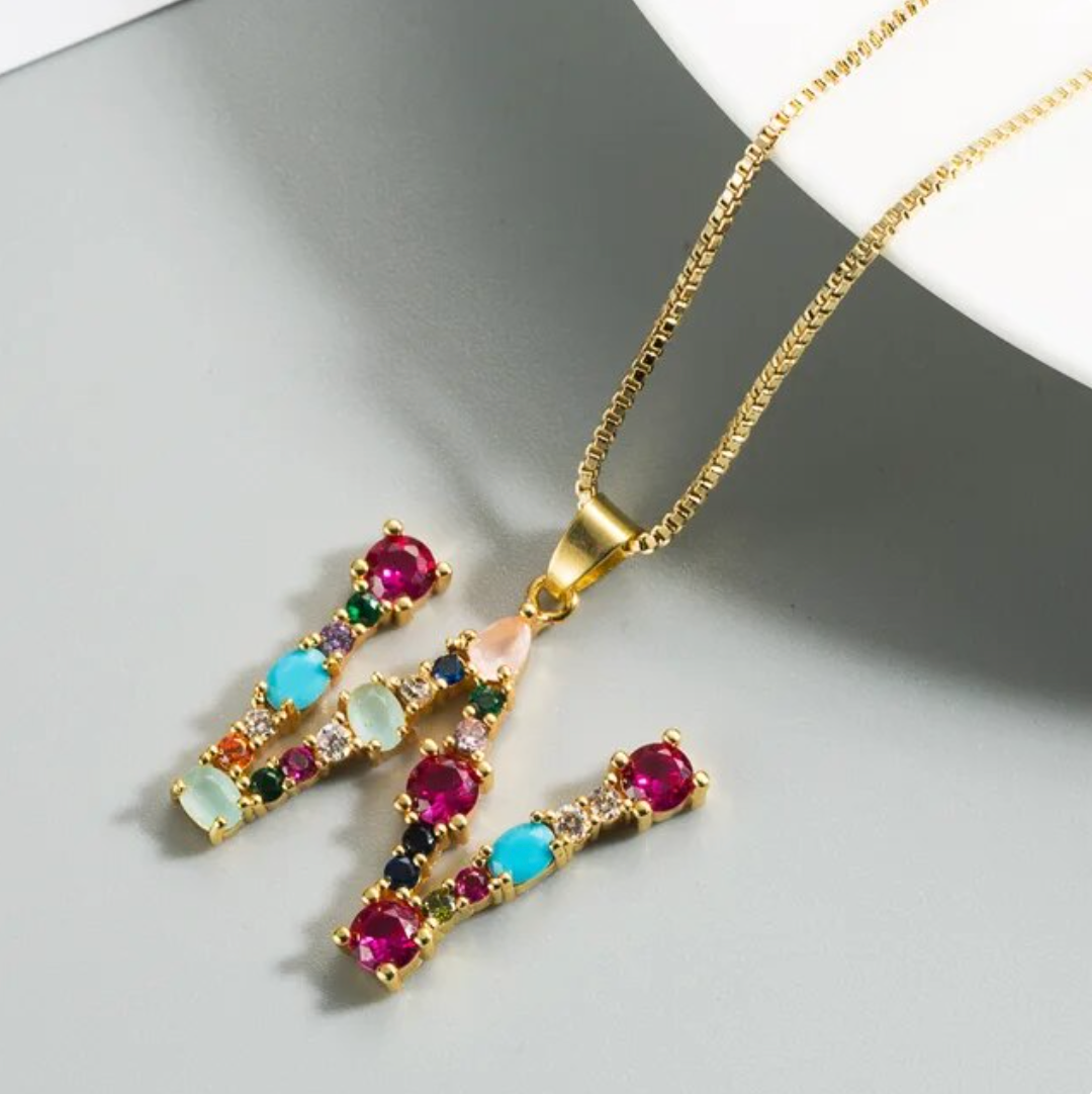 Necklace with Initials and Gemstones in 18K Gold Plating