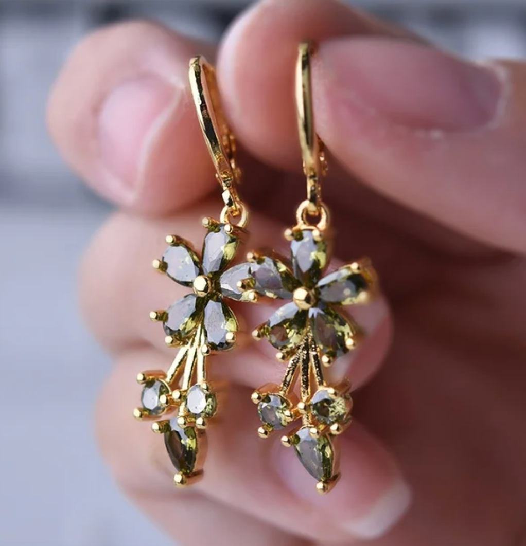 Green Crystal Daisy Hoop Earrings in 18K Gold Plating