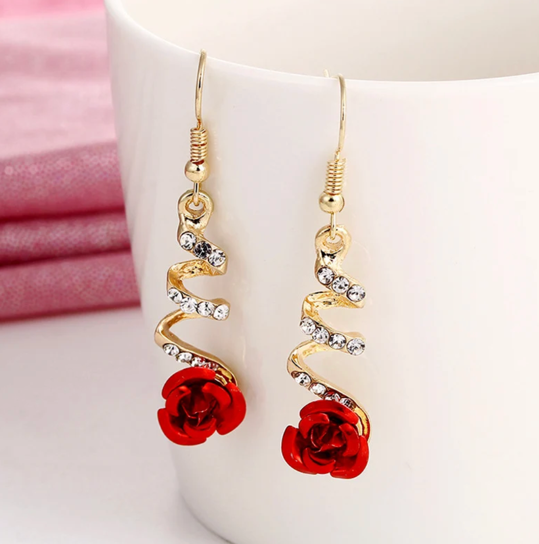 Long 18K Gold Plated Earrings with a Rose