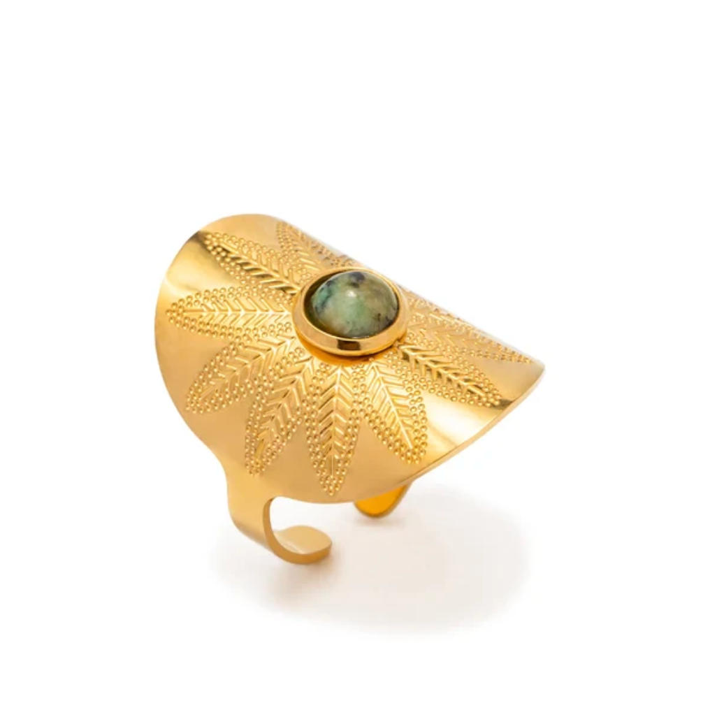 Maya Style Ring with Jade in 18K Gold Plating
