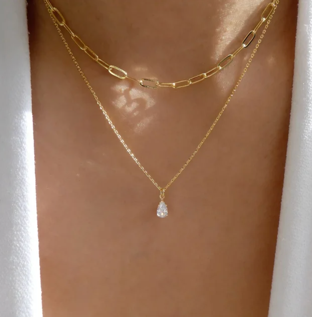 Double 18K Gold Plated Necklace with Chain and Strass