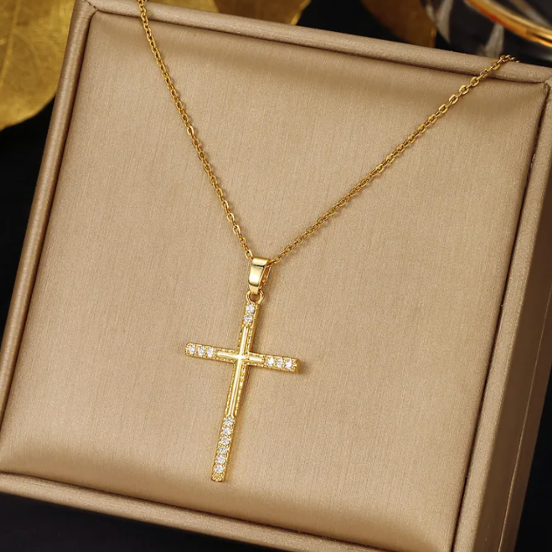 18K Gold Plated Necklace with Long Cross with Zirconia Stones