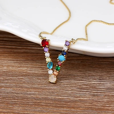 Necklace with Initials and Gemstones in 18K Gold Plating