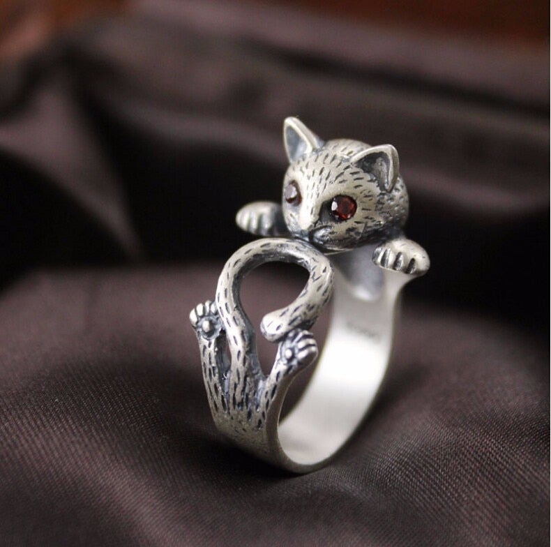 Adjustable Hand Painted Cat Ring in Sterling Silver