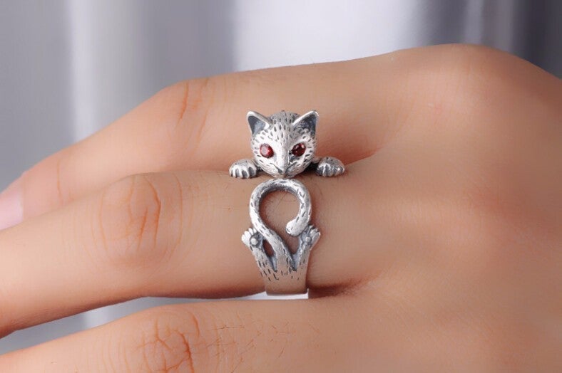 Adjustable Hand Painted Cat Ring in Sterling Silver