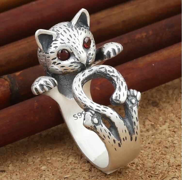 Adjustable Hand Painted Cat Ring in Sterling Silver
