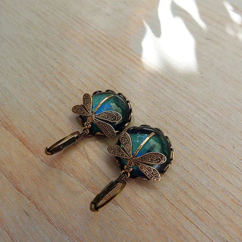 Dragonfly Crystal Earrings in Antique Gold