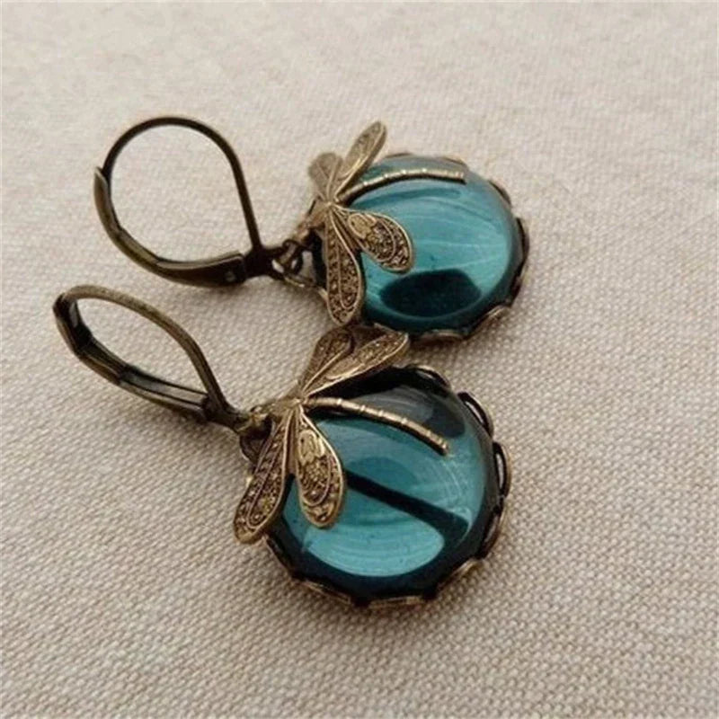 Dragonfly Crystal Earrings in Antique Gold
