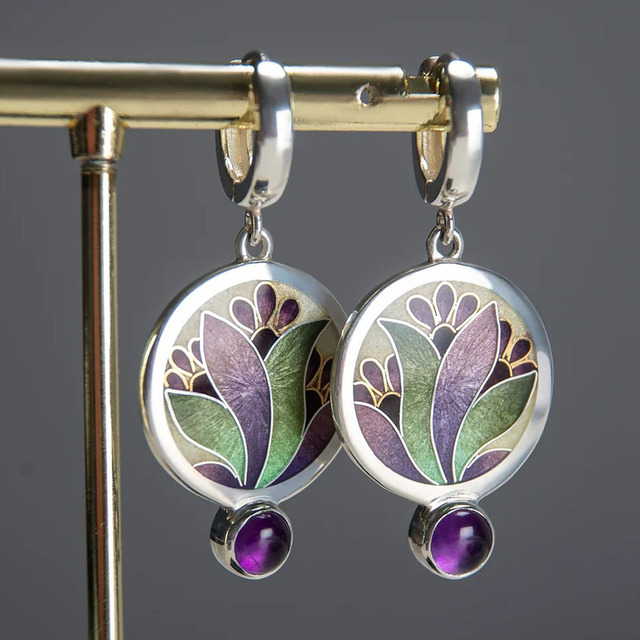 Boho earrings with purple crystals in 925 sterling silver