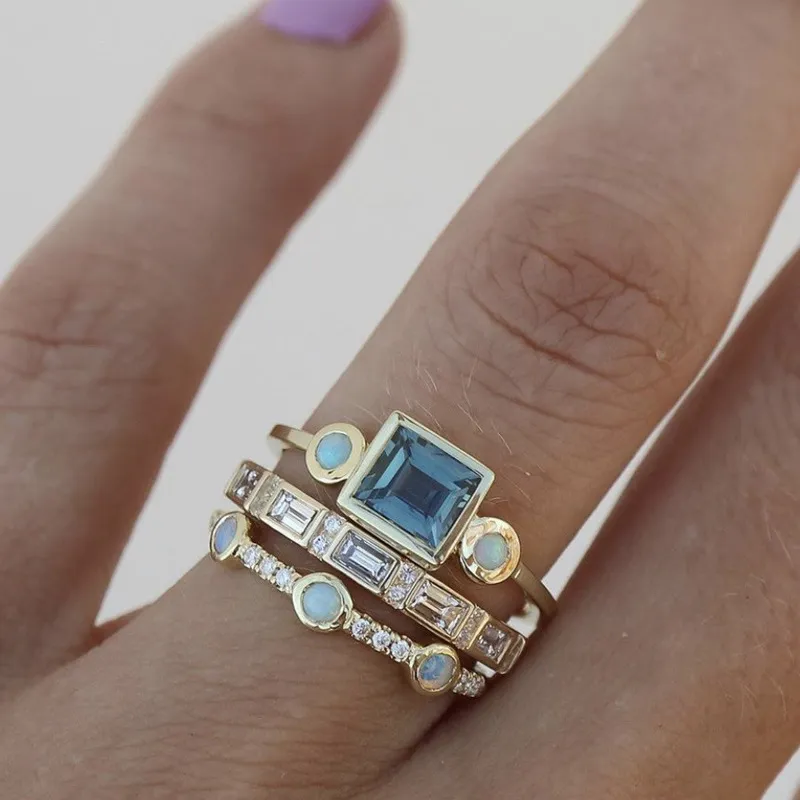 elegant vintage Blue Crystal Ring Set