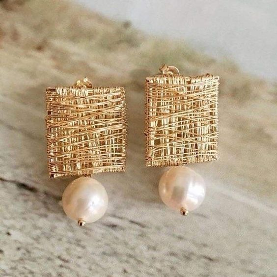 Golden Thread Earrings with Vintage Pearls