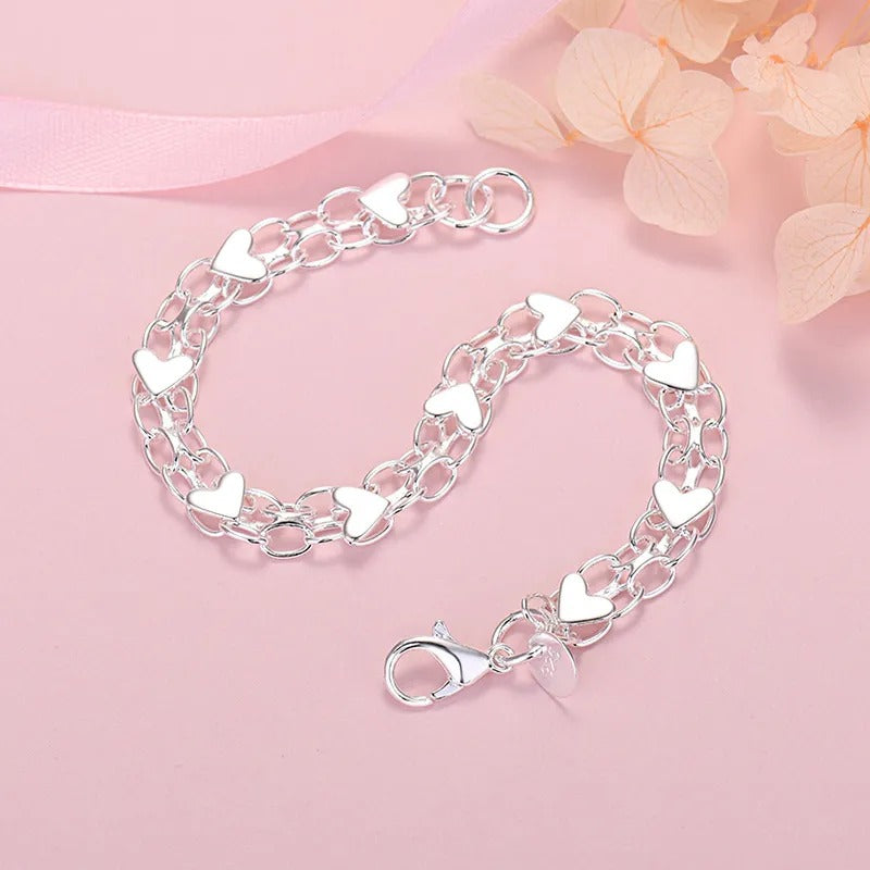 925 Silver Bracelet with Chain and Hearts