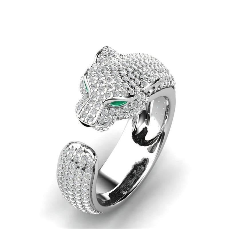 18-carat silver and 18-carat rose gold adjustable Jaguar ring with green cubic zirconia eyes